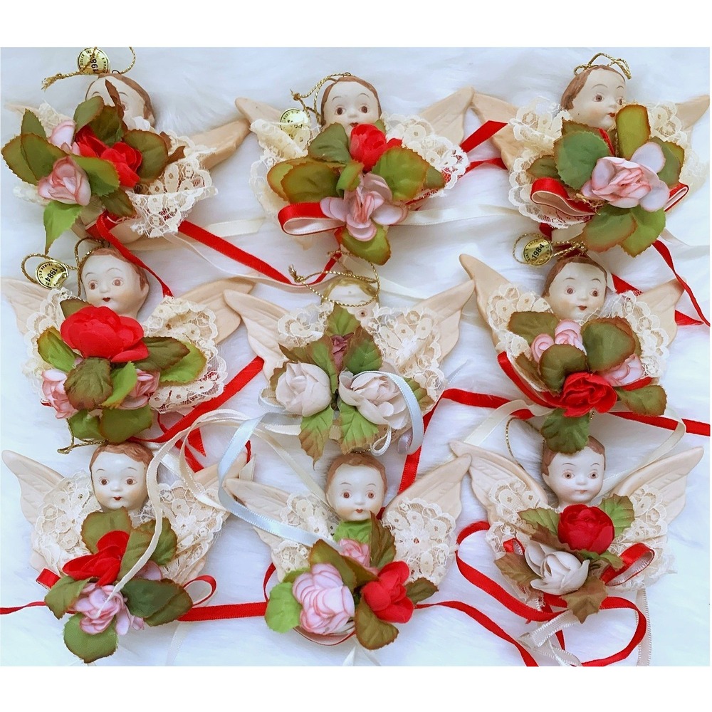 9 Porcelain Kurt Adler Angel Cherub Victoriana Bust Christmas Ornaments 1984 Vtg